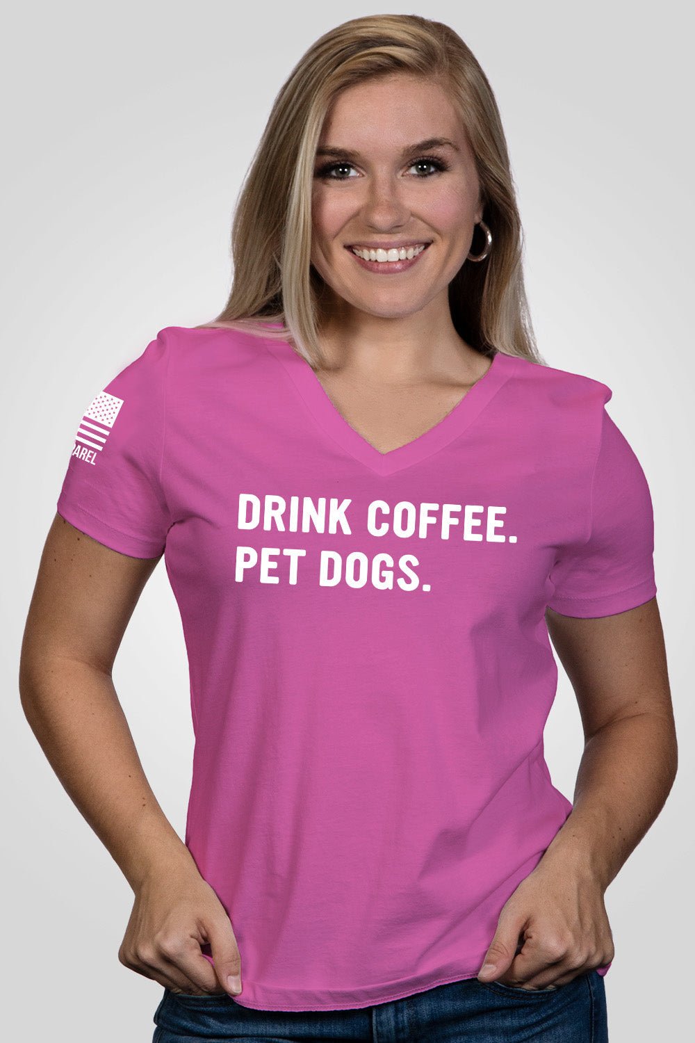 Women's Relaxed Fit V-Neck Shirt - Drink Coffee Pet Dogs - Nine Line Apparel