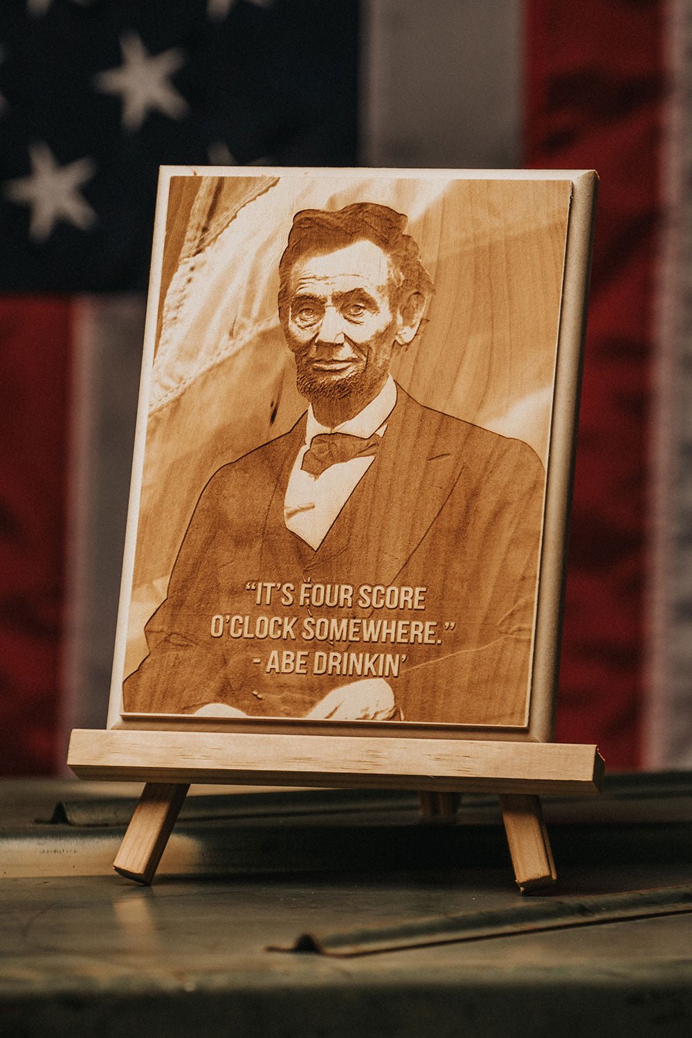 Abe Lincoln - 4 Score O'Clock - 6" x 8" Wooden "Art" - Nine Line Apparel