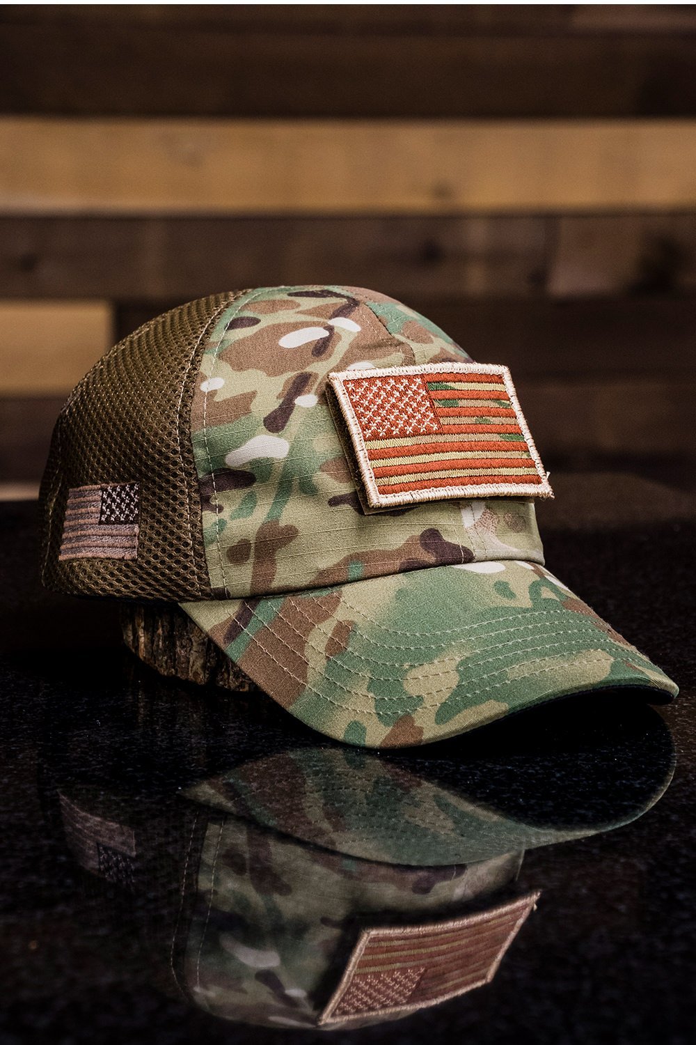 American Made Mesh Back Hat with Patch, Camo Flag