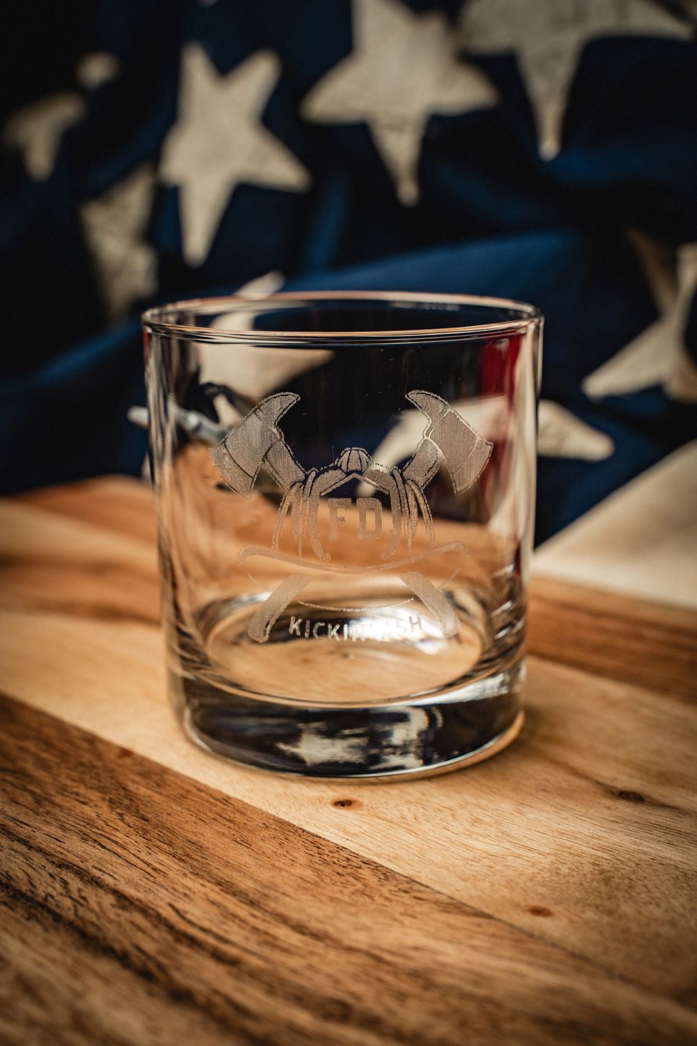 Engraved Whiskey Glass With Embedded Fire Axe
