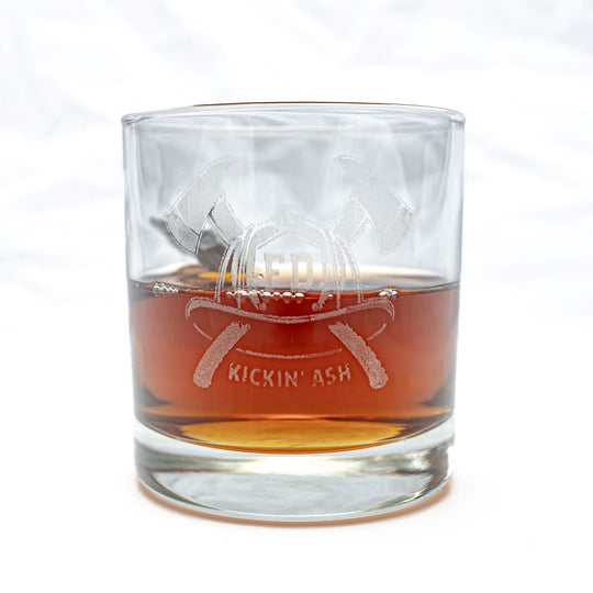 Engraved Whiskey Glass With Embedded Fire Axe