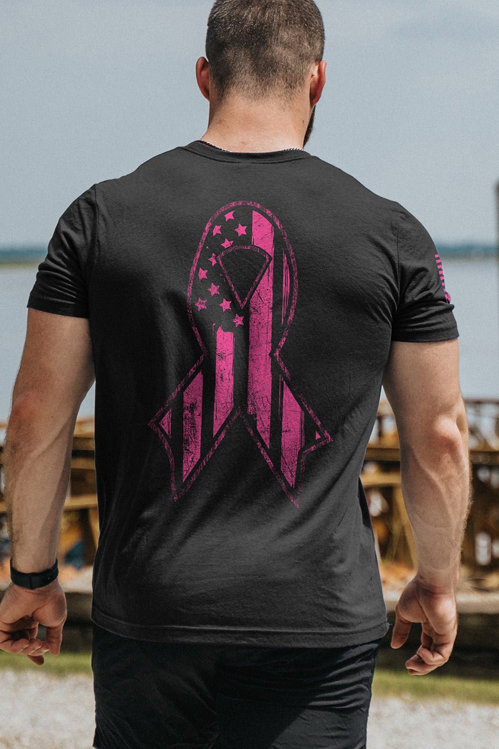 Men's Tri-Blend T-Shirt - Breast Cancer Ribbon Flag - Nine Line Apparel