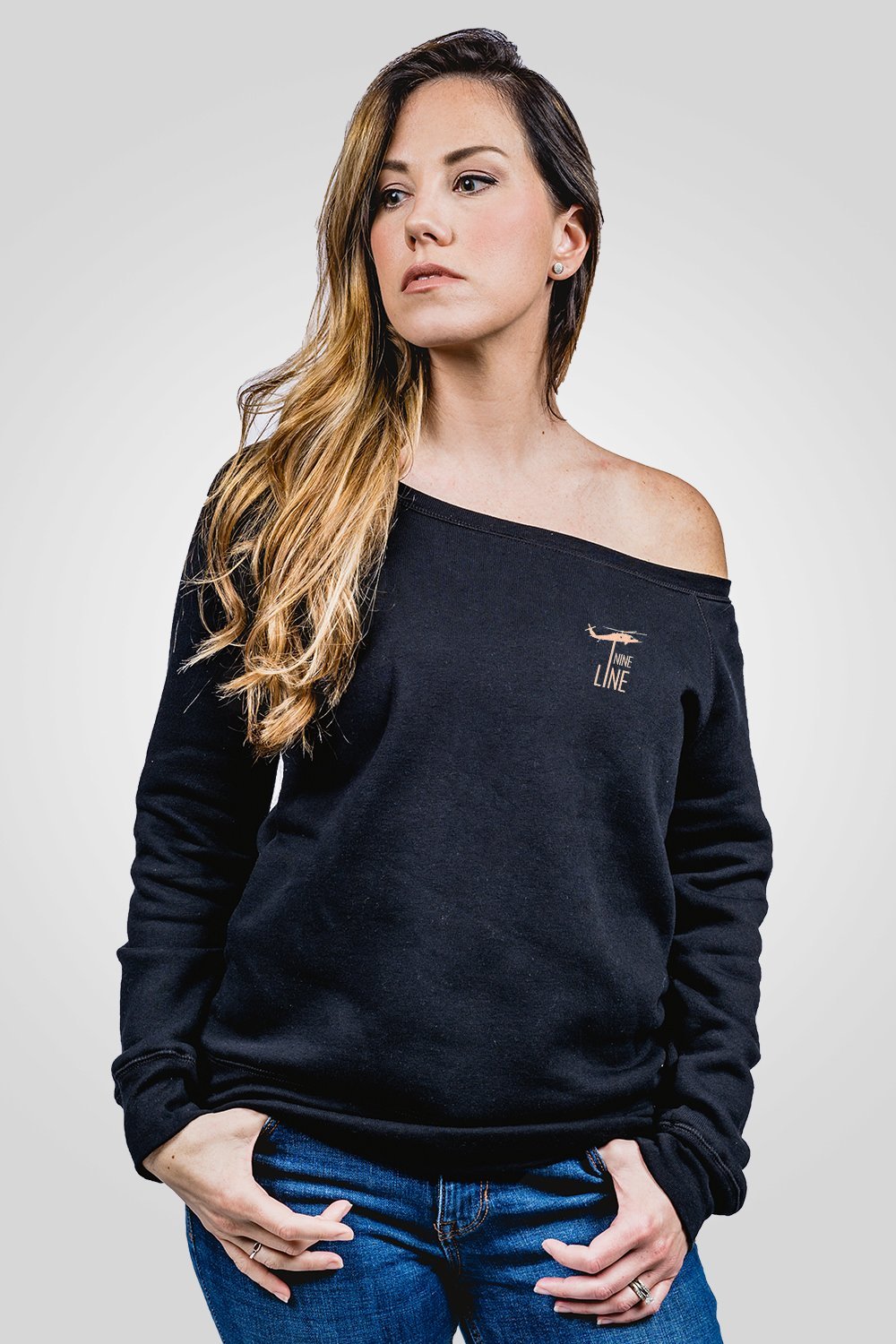 Off-Shoulder Sweater - Embroidered Drop Line - Nine Line Apparel