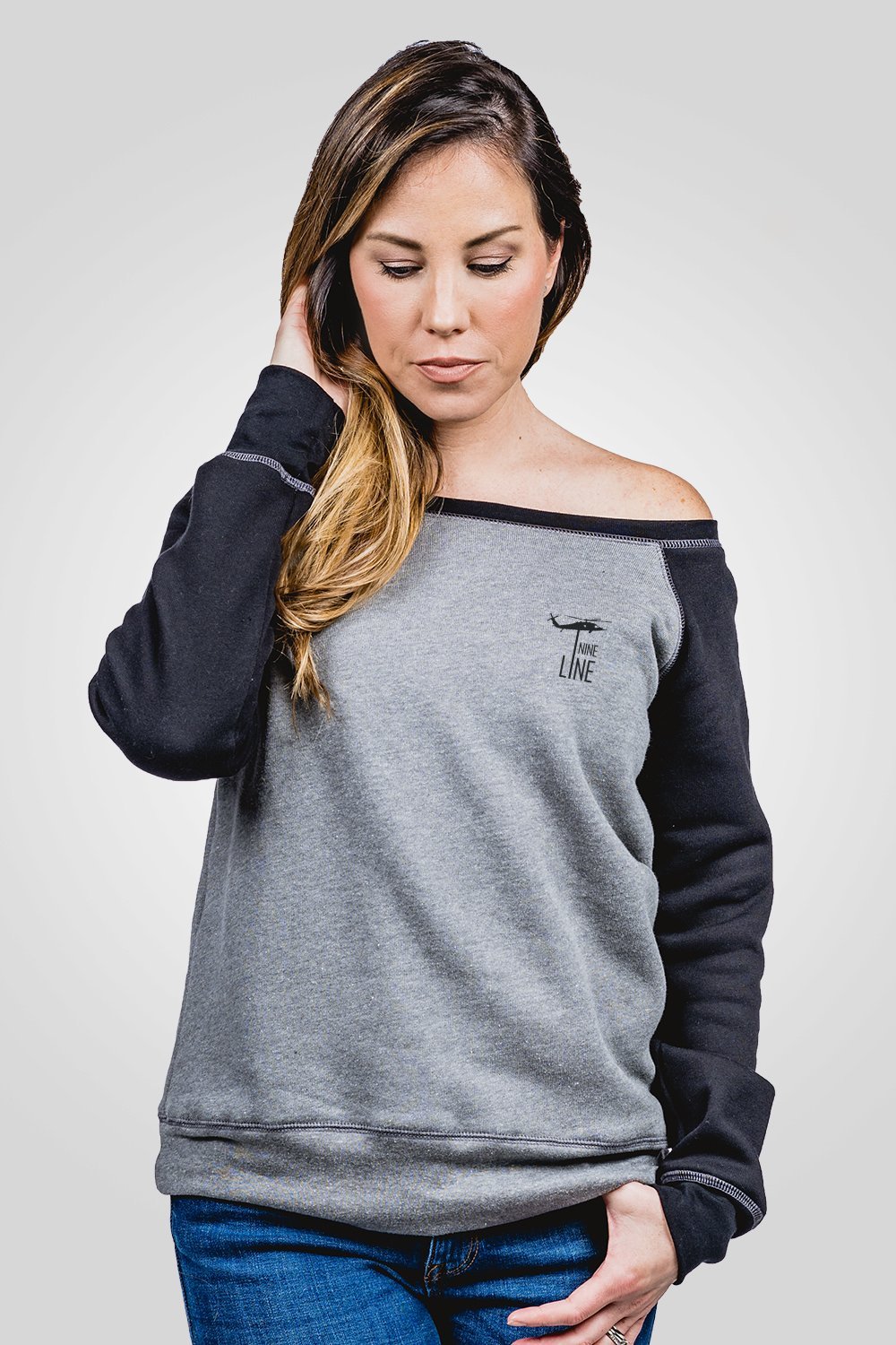 Off-Shoulder Sweater - Embroidered Drop Line - Nine Line Apparel