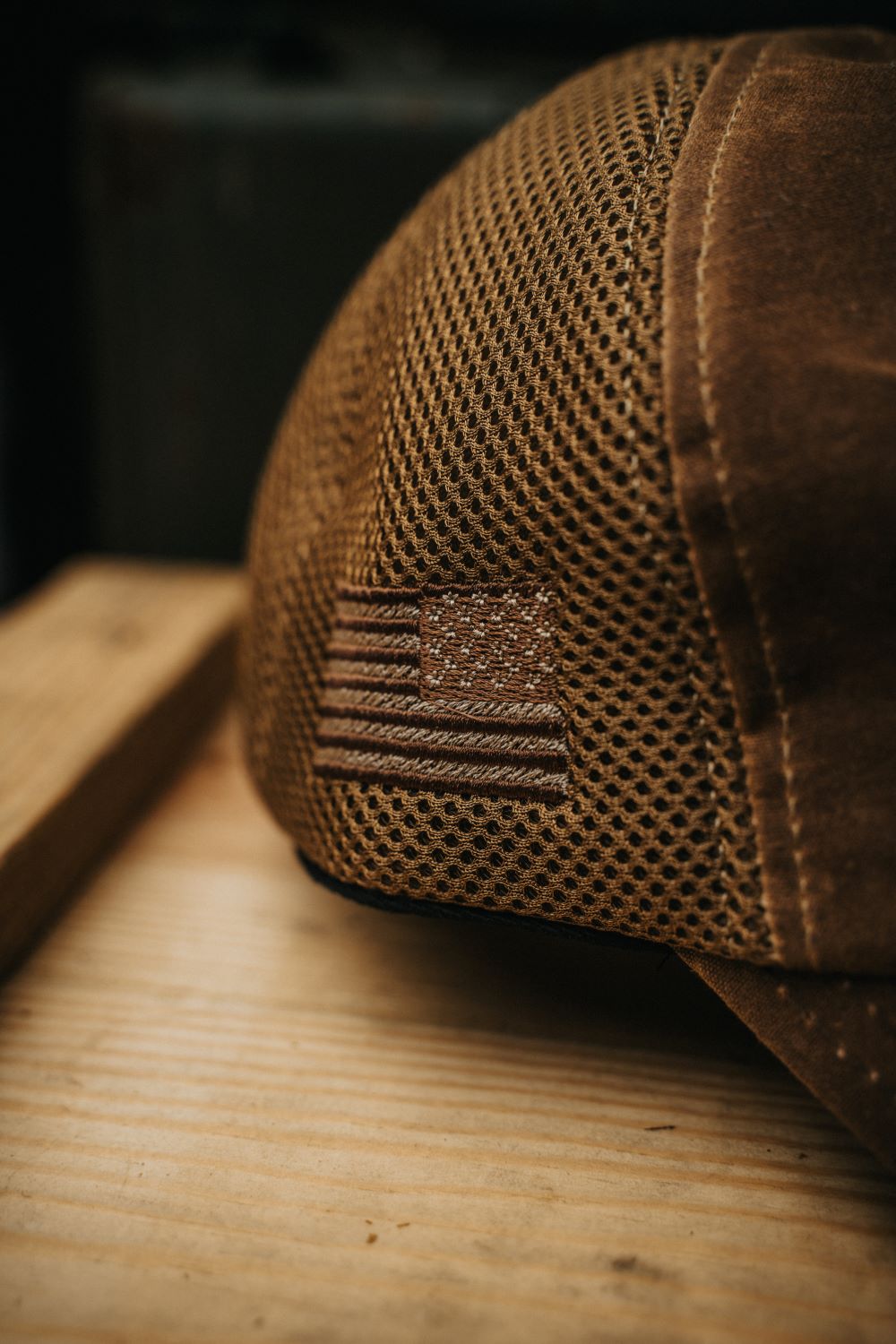 Tan American Made Mesh Back Hat with Drop Line - Nine Line Apparel