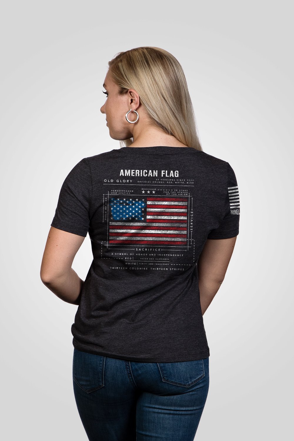 Women's Relaxed Fit V-Neck Shirt - American Flag Schematic - Nine Line Apparel